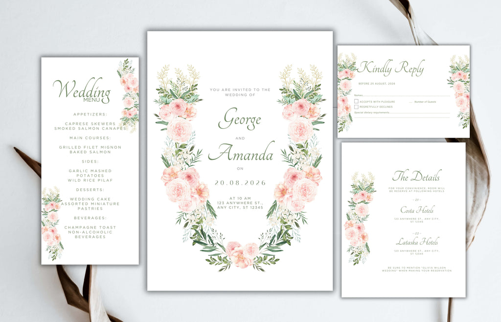 Blush Pink Rose Wedding Invitation, Boho Pink Sage Elegant Wedding Invite, Editable Floral Greenery Wedding Invitation. WEIB118