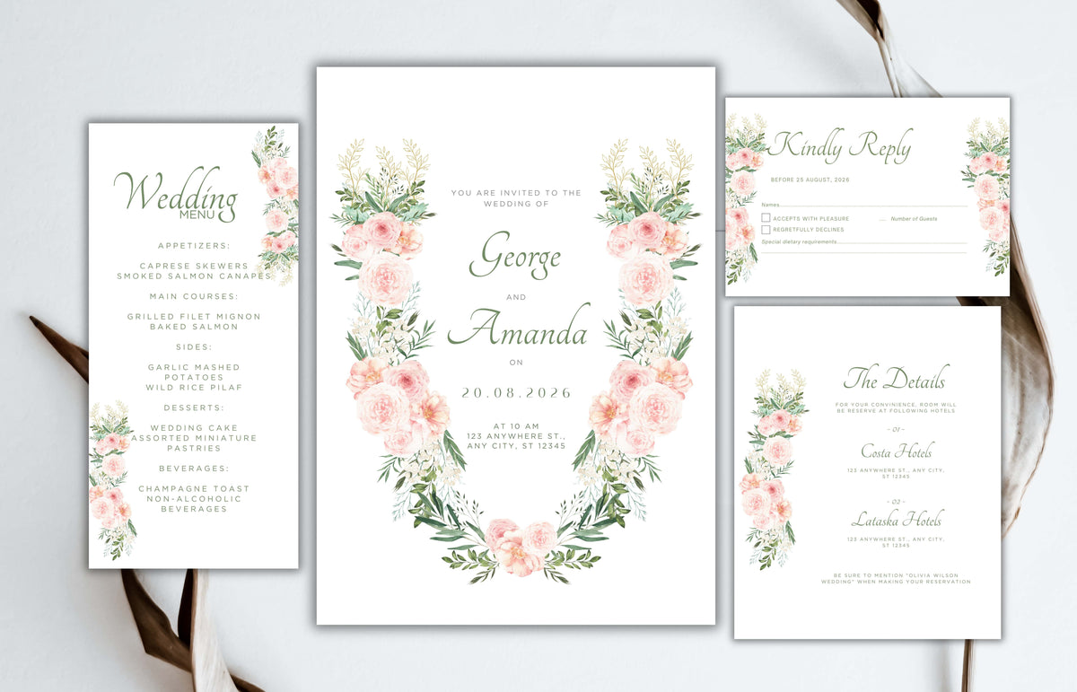 Blush Pink Rose Wedding Invitation, Boho Pink Sage Elegant Wedding Invite, Editable Floral Greenery Wedding Invitation. WEIB118