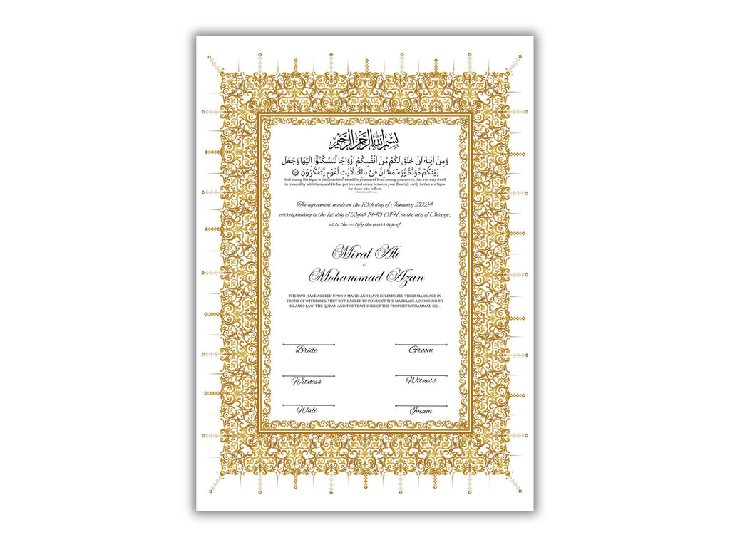 Gold Nikkah Certificate, A4/A3 Islamic Wedding Contract Template, Nikkah Nama, Muslim Marriage, Personalised Names, Quran Verse.NN201