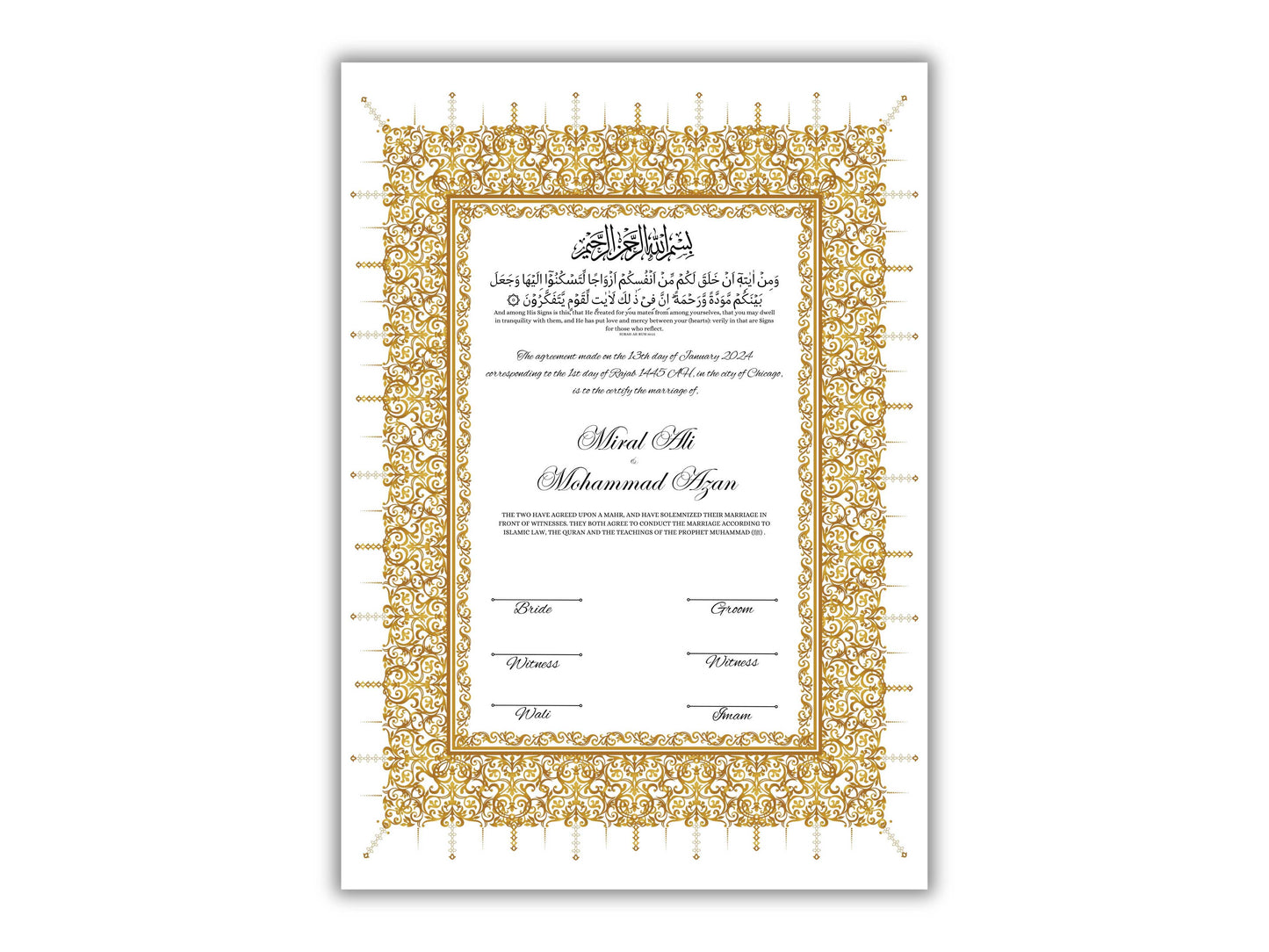 Gold Nikkah Certificate, A4/A3 Islamic Wedding Contract Template, Nikkah Nama, Muslim Marriage, Personalised Names, Quran Verse.NN201