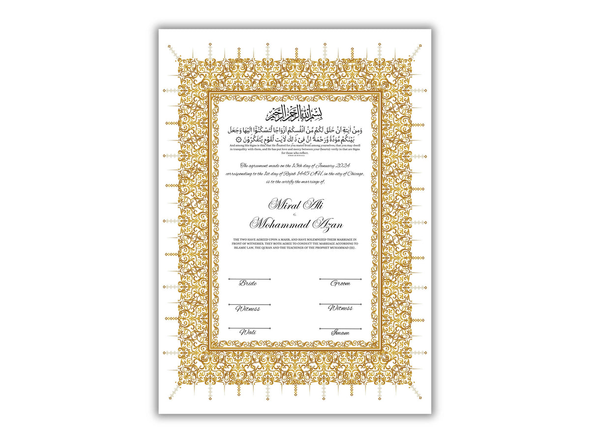 Gold Nikkah Certificate, A4/A3 Islamic Wedding Contract Template, Nikkah Nama, Muslim Marriage, Personalised Names, Quran Verse.NN201