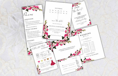 Pink Rose Wedding Invitation Bundle, Printable Wedding Invite, Editable Template, RSVP, Details, Bridesmaid Card, Menu Card, Digital. WT41