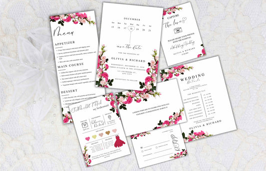 Pink Rose Wedding Invitation Bundle, Printable Wedding Invite, Editable Template, RSVP, Details, Bridesmaid Card, Menu Card, Digital. WT41