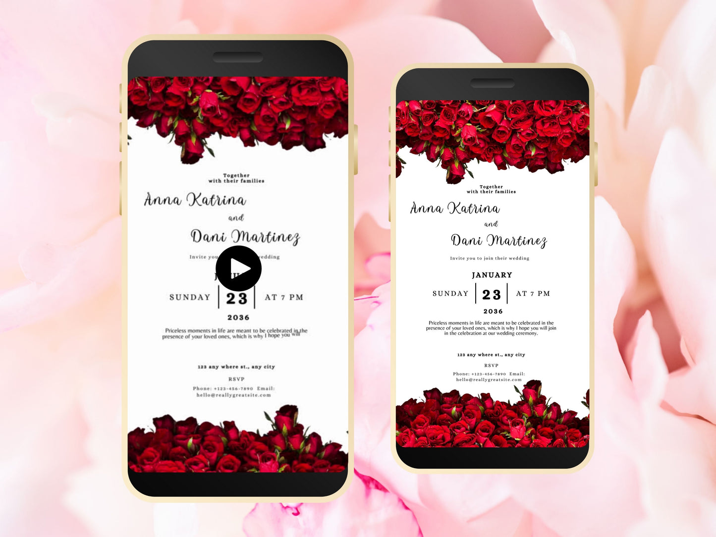 Red Rose Wedding Evite Template, Electronic Wedding Invitation, Red Rose video Wedding Invitation, Text Message, Mobile Phone Invite. WEI25