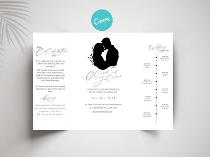 Elegant Gatefold Wedding Invitation | Minimalist Silhouette Wedding Itinerary Card | Modern Folded Wedding Invite Printable Template. WI144