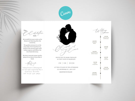 Elegant Gatefold Wedding Invitation | Minimalist Silhouette Wedding Itinerary Card | Modern Folded Wedding Invite Printable Template. WI144