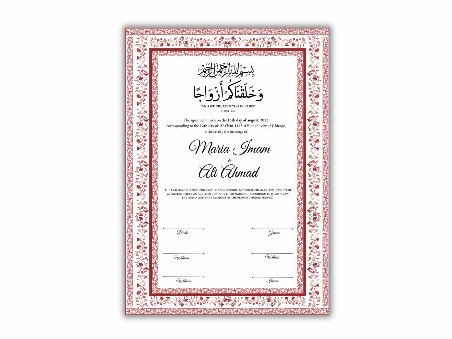 Nikkah Certificate Digital Download Personalized, Luxury Nikkah Contract, Islamic Wedding Contract, Personalized Muslim Wedding Gift. 149