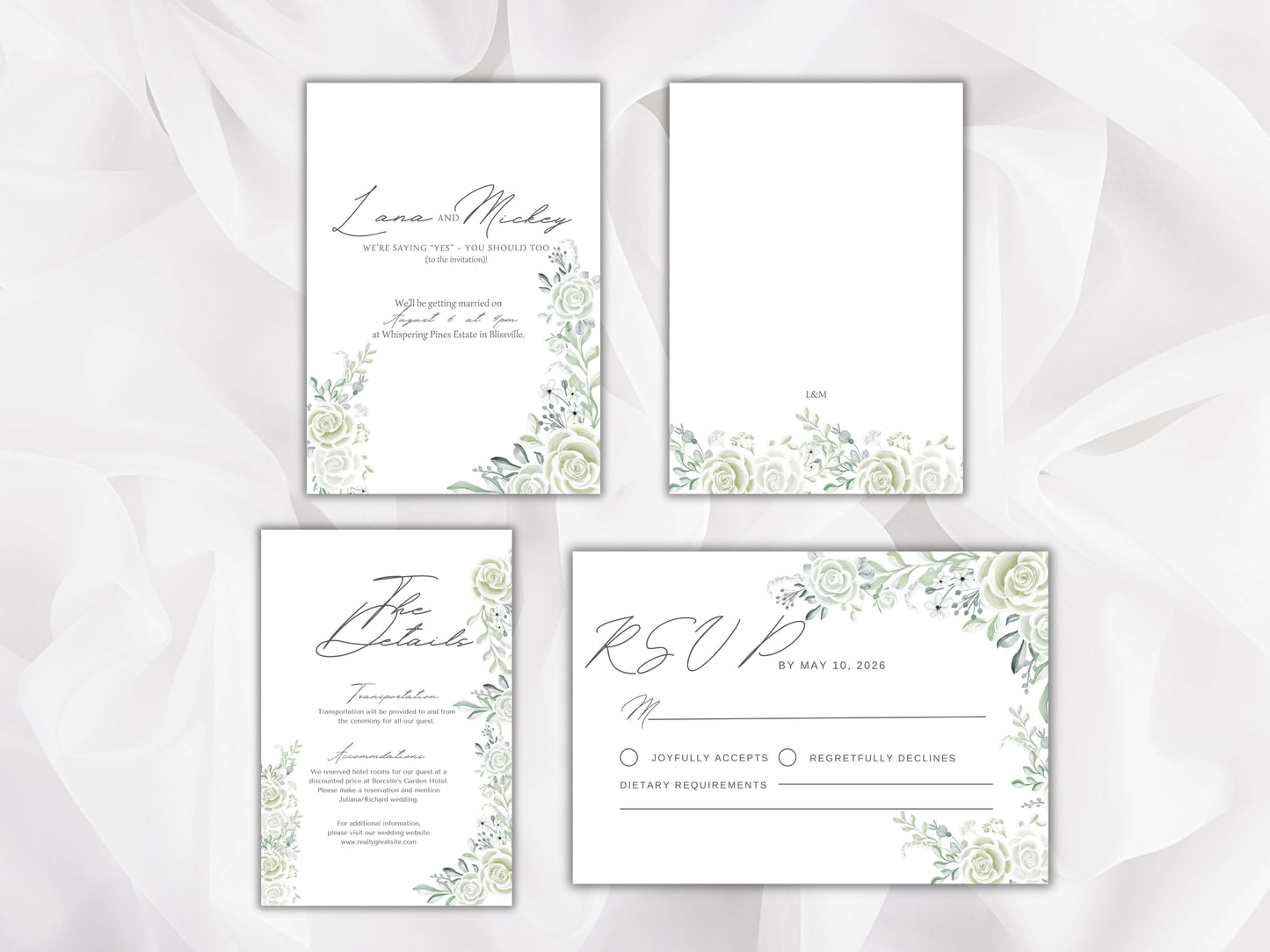 White Rose Wedding Invitation Template, Printable Wedding Invitation, White Flowers Invitation, White and Green RSVP, Details. WT84