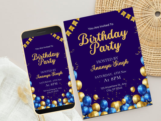 Blue Birthday Party Invitation Evite, Editable Blue and Gold Birthday Invitation Template for Men, Printable Birthday 5 x 7 Card. WEIB77