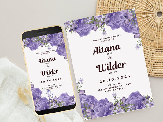 Lilac Floral Wedding Invitation PDF, Online Electronic Invitation, Printable Boho Floral 5 x 7 in Invitation, Invitation Template, WEIB81