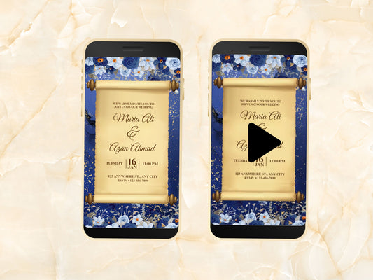 Wedding Evite, Animated Wedding Invitation, Blue Floral Wedding Invite, Electronic Wedding Invite, Wedding Invite, Mobile Invitation. WEIB89