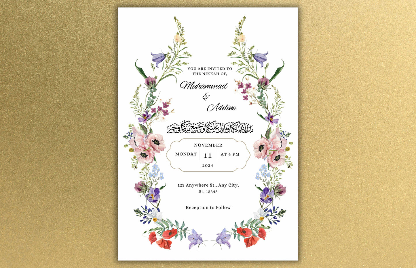 Nikkah Invitation Template, Spring Wedding Card, Floral Muslim Wedding Invite, Editable Nikkah Invitation Template, Nikkah Invitation. WT51