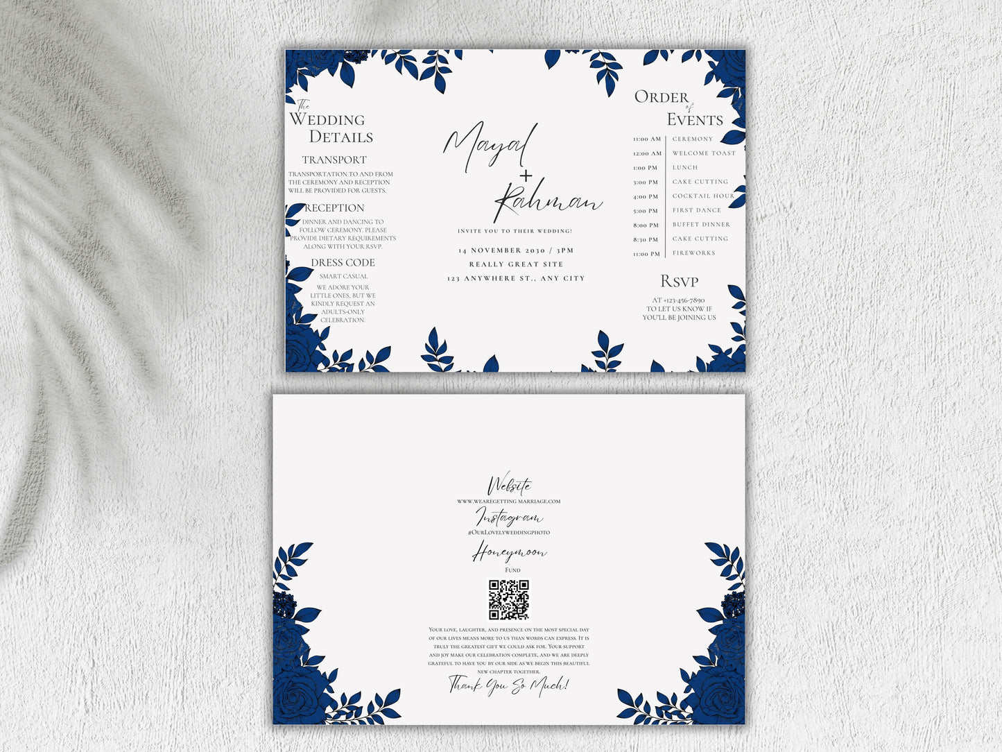Elegant Gatefold Wedding Invitation | Blue Floral Printable Invite | Modern Ceremony Reception Card | Editable Template. WI133