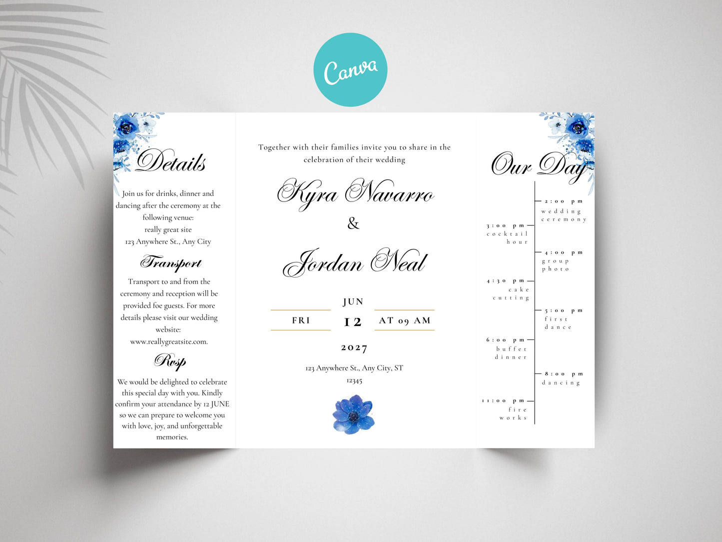 Elegant Blue Floral Wedding Invitation Template | Modern Folded Wedding Invite with Timeline | Printable Wedding Suite. WI150