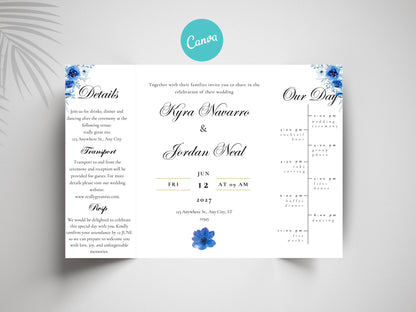 Elegant Blue Floral Wedding Invitation Template | Modern Folded Wedding Invite with Timeline | Printable Wedding Suite. WI150