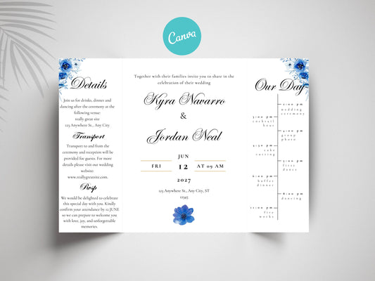 Elegant Blue Floral Wedding Invitation Template | Modern Folded Wedding Invite with Timeline | Printable Wedding Suite. WI150