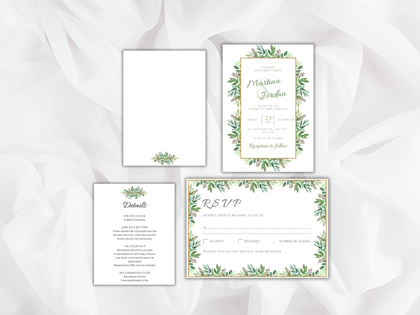 Greenery Wedding Invitation Template, Wedding Card, Editable Invitation, Invitation card Template, Rsvp Template, Digital Download, WT33