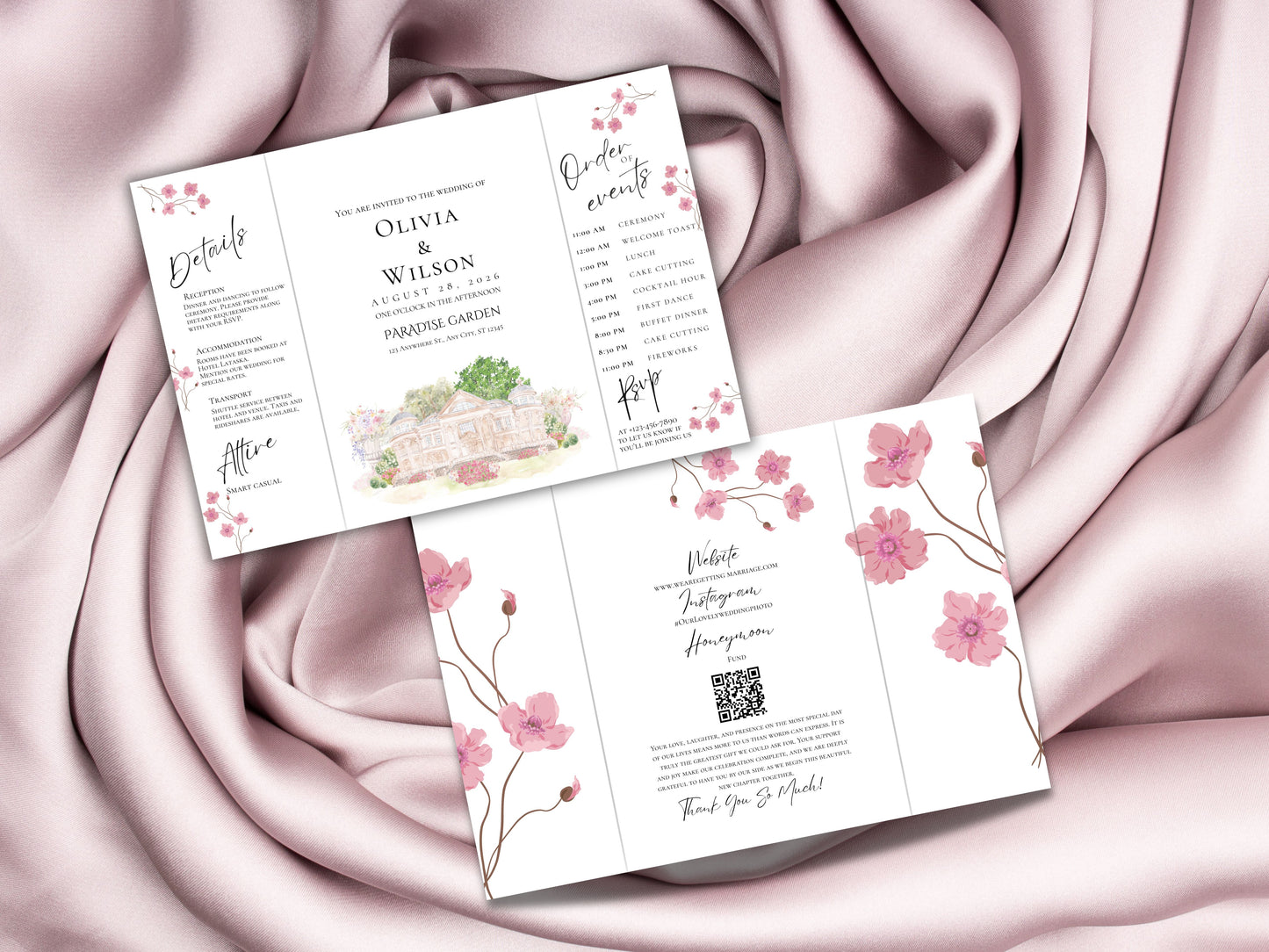 Elegant Trifold Wedding Invitation Template, Blossom Floral Wedding Invite, Editable Printable Invite, Garden Ceremony Card. WEIB121
