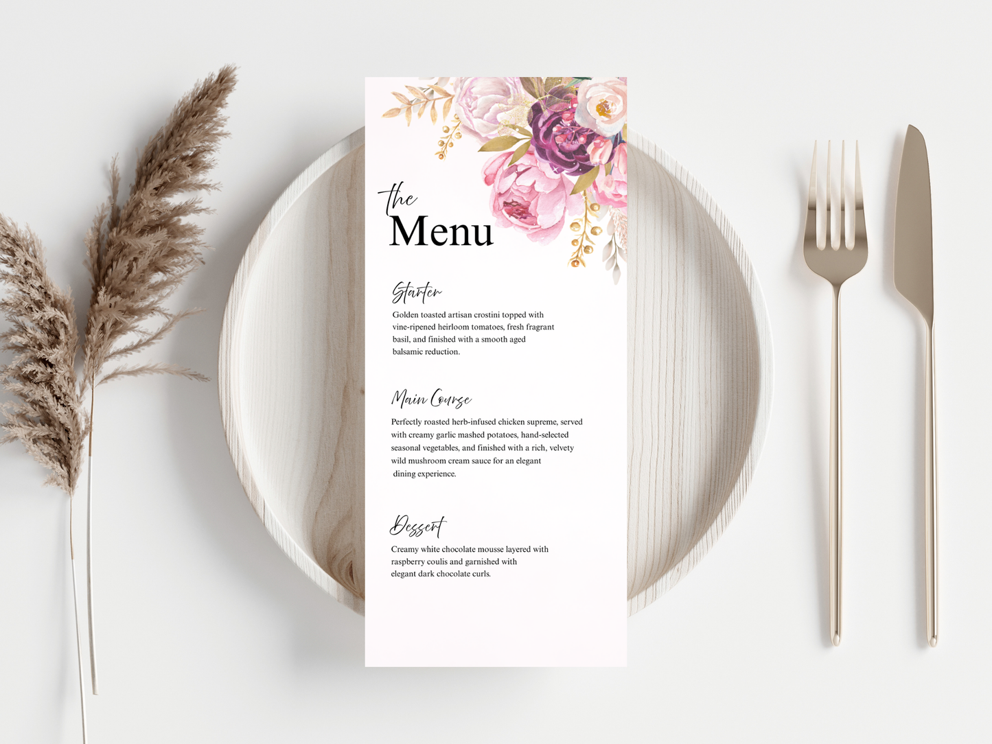Elegant Reception Menu Template, Table, Thank you, Editable Templates MTC414