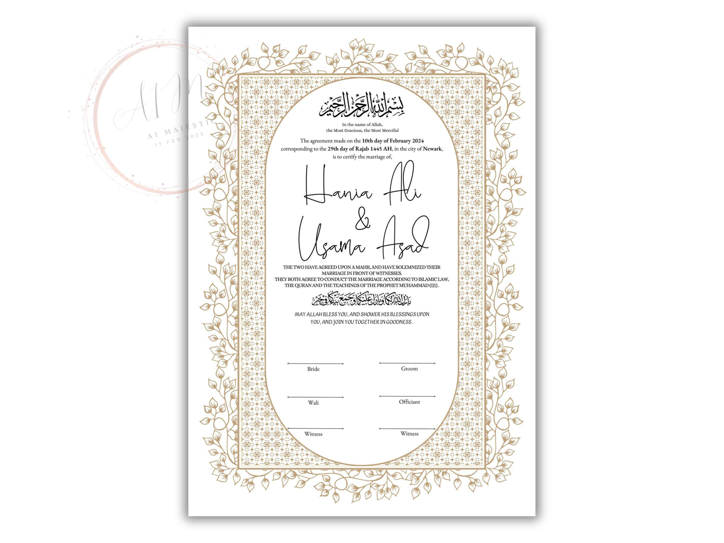 Nikkah Certificate Digital Download Personalised, Islamic Contract, A4, A3, Template, Instat Download. NN209