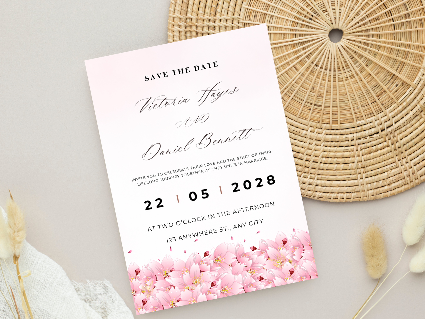 Pink Floral Wedding Invitation, Editable RSVP, Details, Bottle label MTC420