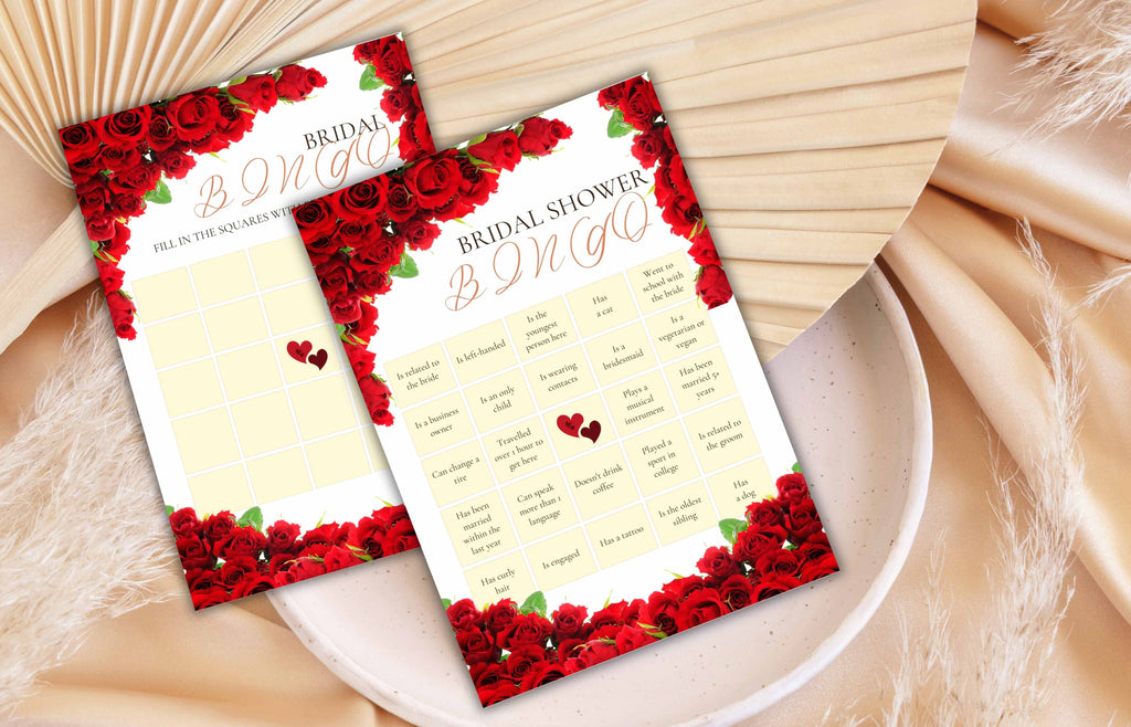 Bridal Bingo Game Template, Red Rose Bridal Shower Game Printable, Bridal Shower Template, Floral, Wedding Bingo, Instant Download, WS49