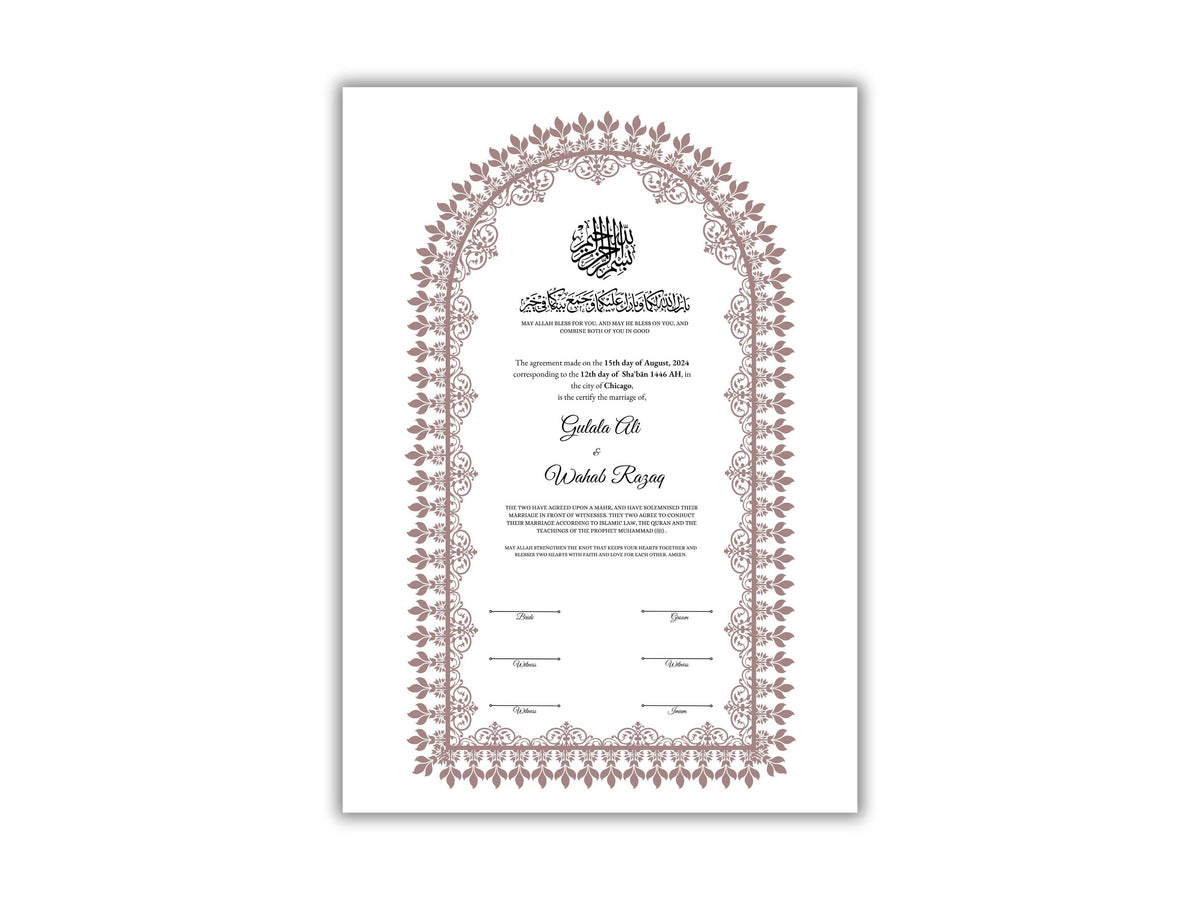 A4 / A3 Nikkah Contract Template, Islamic Wedding Certificate, Nikkahnama Digital Customized. NN159