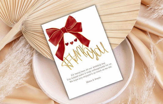 Bow Wedding Thank you Card, Ribbon Thank you Template, Red and White, Coquette Marriage Template, Minimalist Design. WS47