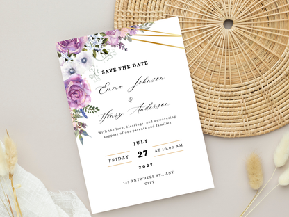 Purple Floral Wedding Invitation Suite, Editable RSVP, Details Card, WI378