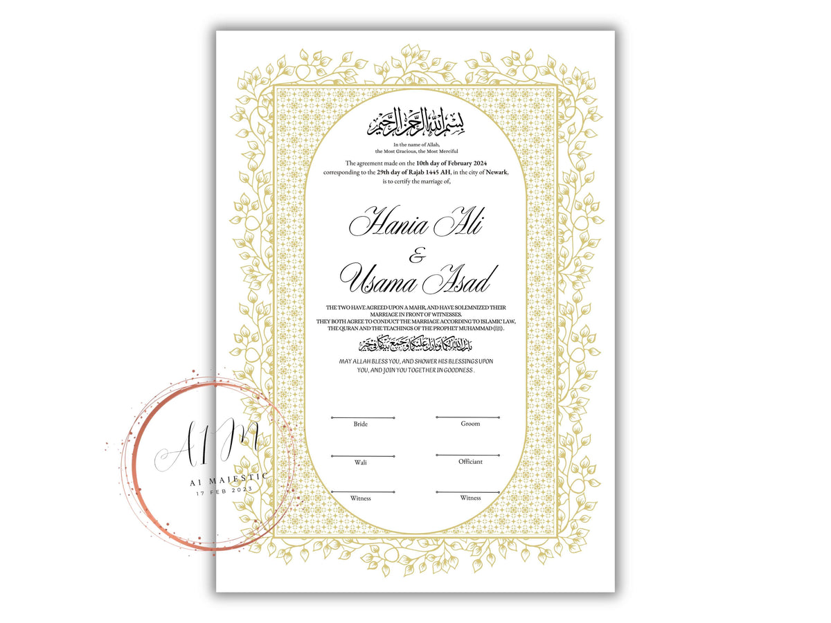 Gold Nikkah Contract Template, Gold Islamic Marriage, Contract Nikkah Certificate, Gold Nikahnama, Personalised Names, A4, A3. NN208