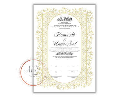 Gold Nikkah Contract Template, Gold Islamic Marriage, Contract Nikkah Certificate, Gold Nikahnama, Personalised Names, A4, A3. NN208