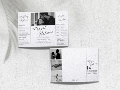 Gatefold Wedding Invitation Template | Elegant Black & White Folded Invite with RSVP Timeline | Printable Wedding Card with Photo. WEIB122
