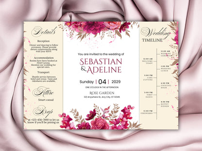 Wedding Invitation Trifold Template Canva, INSTANT DOWNLOAD, Pink Florals Trifold Invite Photo, Floral Pink Trifold Card,Pink Floral. WIB119