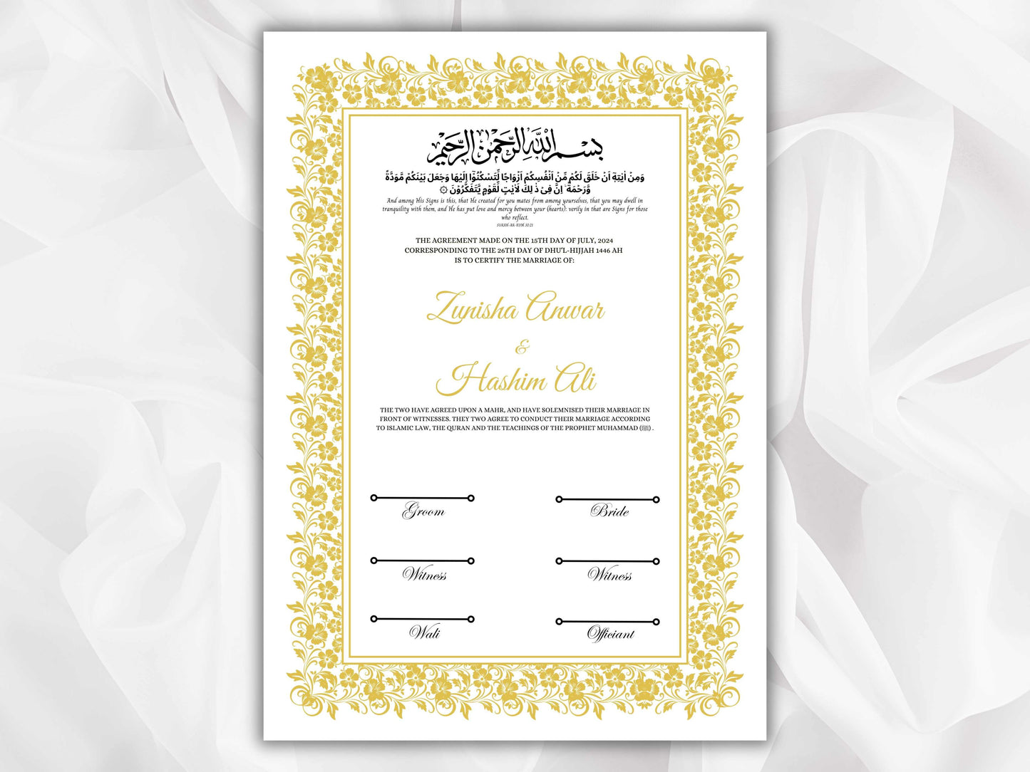 Nikkah Certificate Template, Traditional Islamic Wedding Agreement, Marriage Contract Wedding, Marriage Certificate Template, A4, A3. NN261