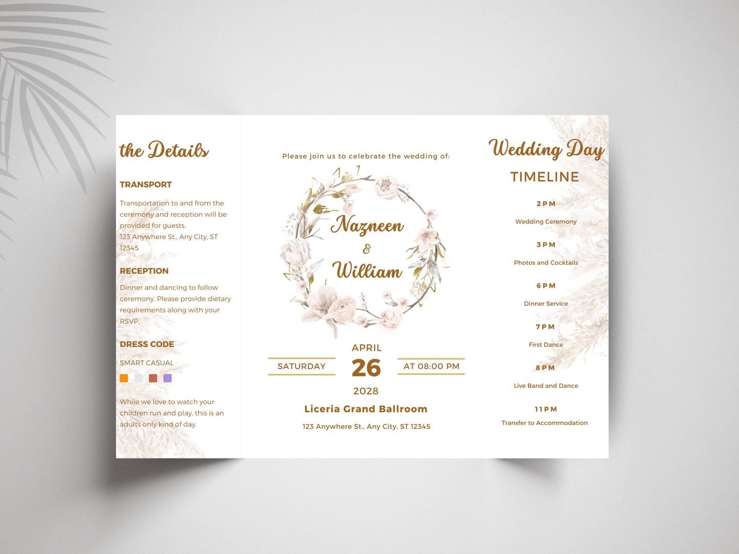Wedding Itinerary Template | Printable Wedding Timeline & Details Card | Modern Neutral Wedding Program | Editable Canva Invitation. 173
