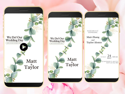 Digital Wedding Invitation, Eucalyptus Mobile Invite, Greenery invitation Template, Greenery Smartphone Evite, Mobile Invite. WEI34