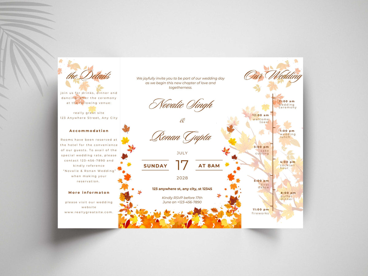 Autumn Wedding Card Template | Fall Leaves Wedding Details Card | Editable Timeline Program | Orange Wedding Invitation Printable. 174
