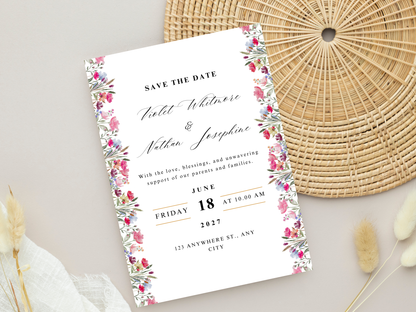 Wildflower Wedding Invitation, RSVP, Detailed Card, Bottle Label. WI376