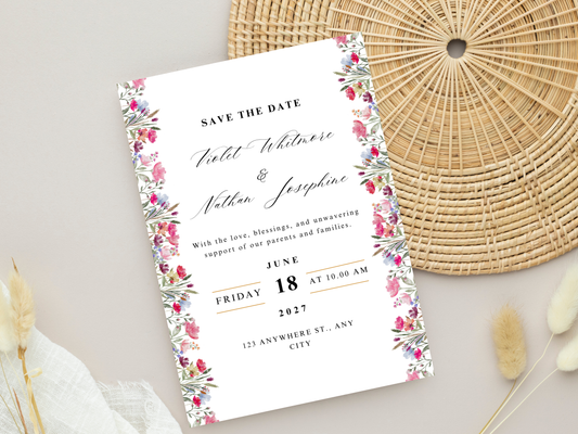 Wildflower Wedding Invitation, RSVP, Detailed Card, Bottle Label. WI376