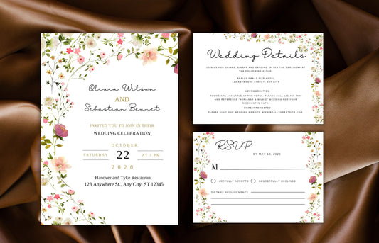 Wedding Invitation Set, Wildflower Invitation, Wedding Invitation Template, Boho Wildflower Invitation, Editable Template, Digital. WIT66