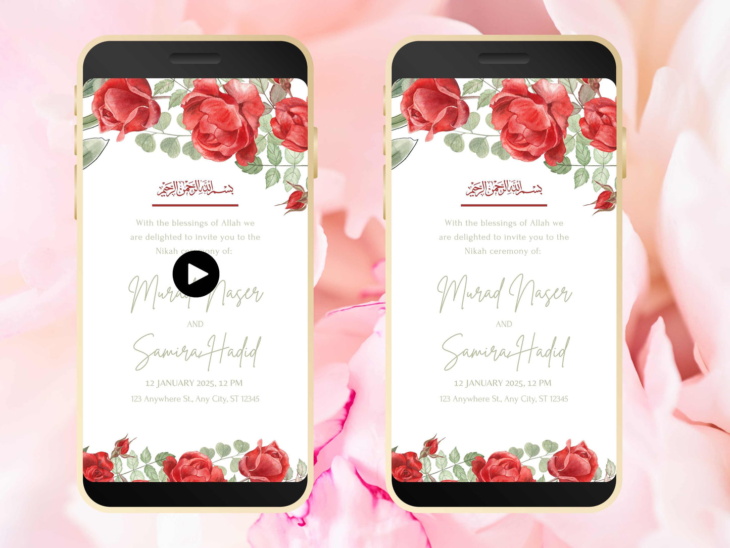 Red Rose Wedding Evite Template, Electronic Wedding Invitation, Red Rose video Wedding Invitation, Text Message, Mobile Phone Invite. WEI45