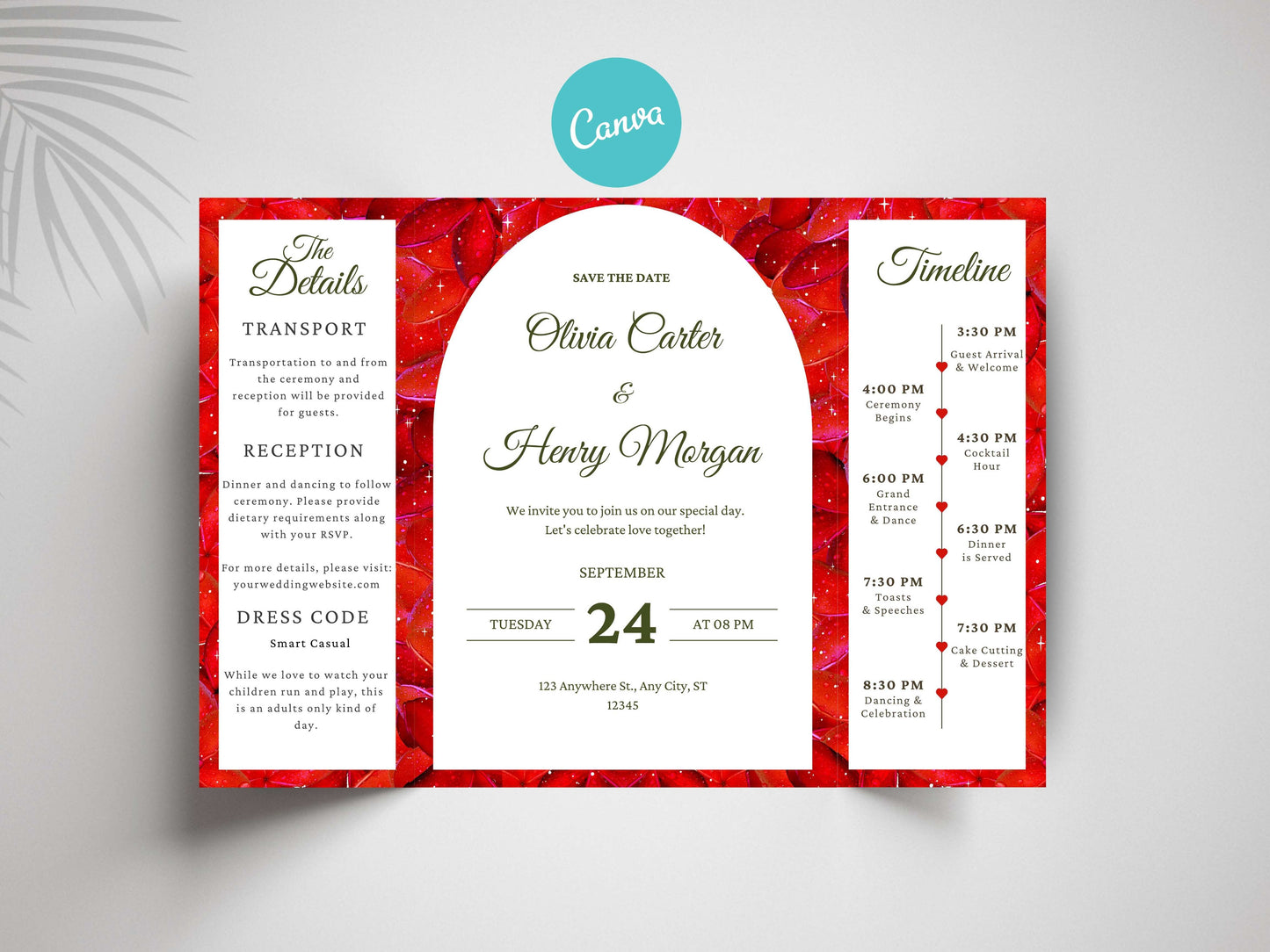 Red Rose Gatefold Wedding Invitation Template | Save The Date | Timeline & Details Card | Printable Wedding Invite | Editable PDF. WI153