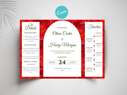 Red Rose Gatefold Wedding Invitation Template | Save The Date | Timeline & Details Card | Printable Wedding Invite | Editable PDF. WI153