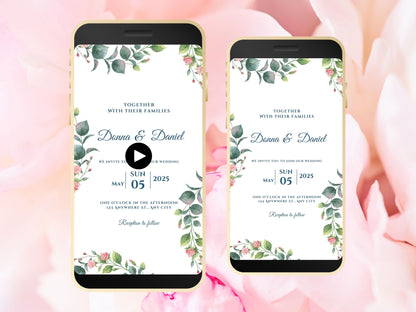 Digital Wedding Invitation, Eucalyptus Mobile Invite, Greenery invitation Template, Greenery Smartphone Evite, Mobile Invite. WEI33