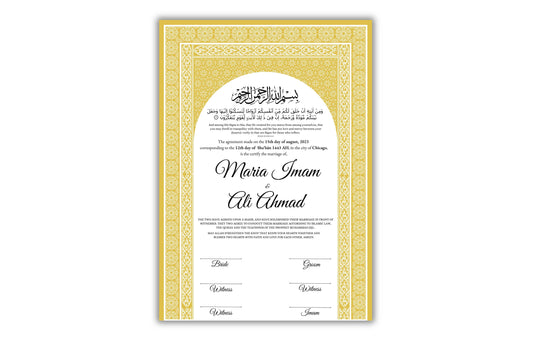 Luxury Nikkah certificate ,A3/a4 Nikkah Nama, Nikah , Islamic wedding contract, Muslim Marriage Certificate, Personalised Names. NN135