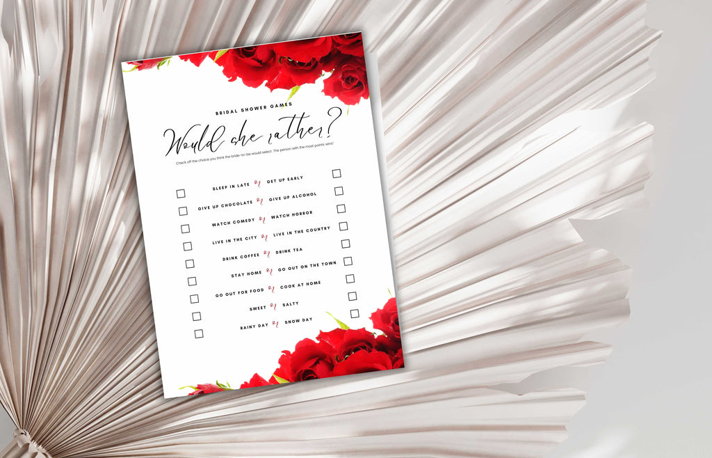Red Rose Wedding Shower Game, Modern Bridal Shower Game, Editable Text, Modern Editable Game Card, WS47