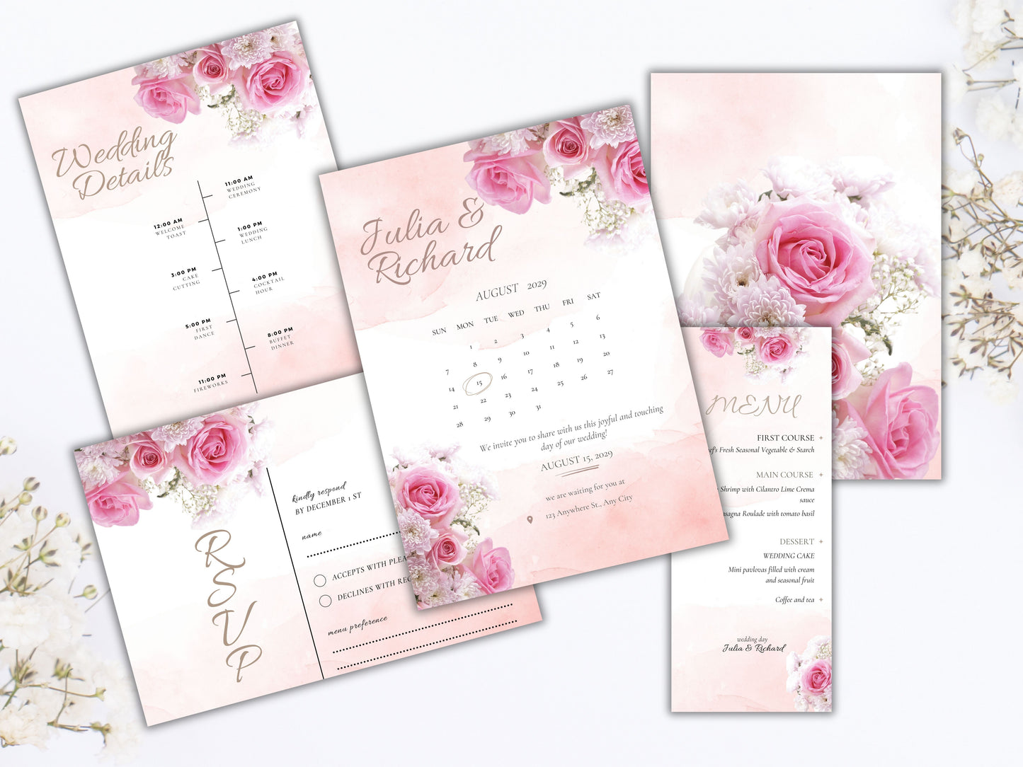 Blush Floral Wedding Invitation Set, Pink Roses Wedding Invite Template Bundle, Printable Wedding Invite, Editable Template. WT44