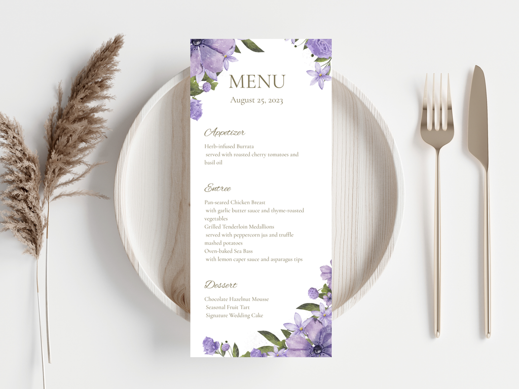 Lavender Floral Wedding Menu & Thank You Template | Editable Canva Place Card. WI204