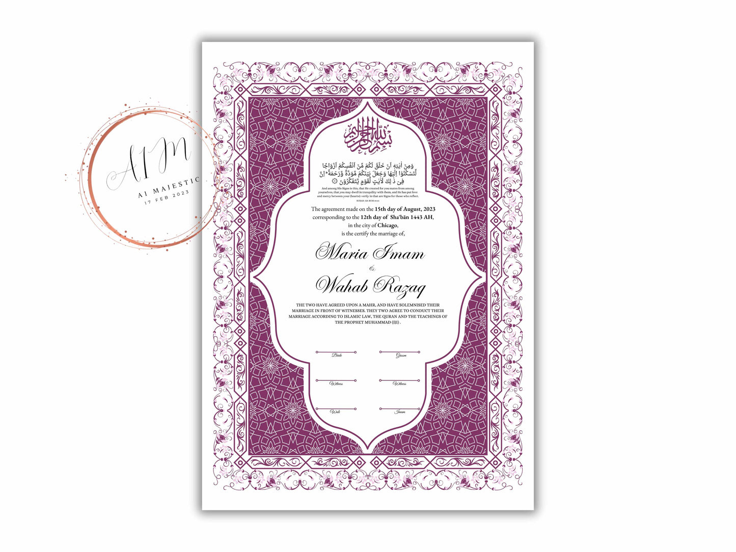 Nikkah Certificate Digital Download Personalized, Luxury Nikkah Contract, Islamic Wedding Contract, Personalized Muslim Wedding Gift. NN192