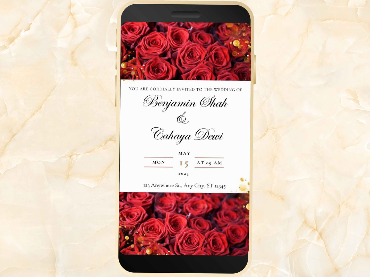 Red Rose Wedding Evite Template, Electronic Wedding Invitation, Red Rose video Wedding Invitation, Text Message, Mobile Phone Invite. WEIB25